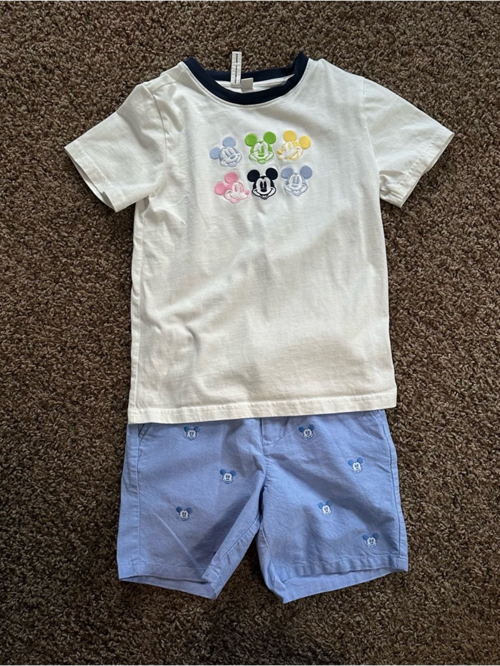 Janie and Jack White Tee with Multicolor Mickeys & Light Blue Shorts